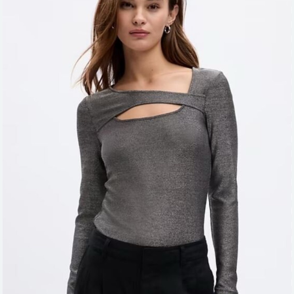 GAP Metallic Gray Long-Sleeve Top with Front Cutout